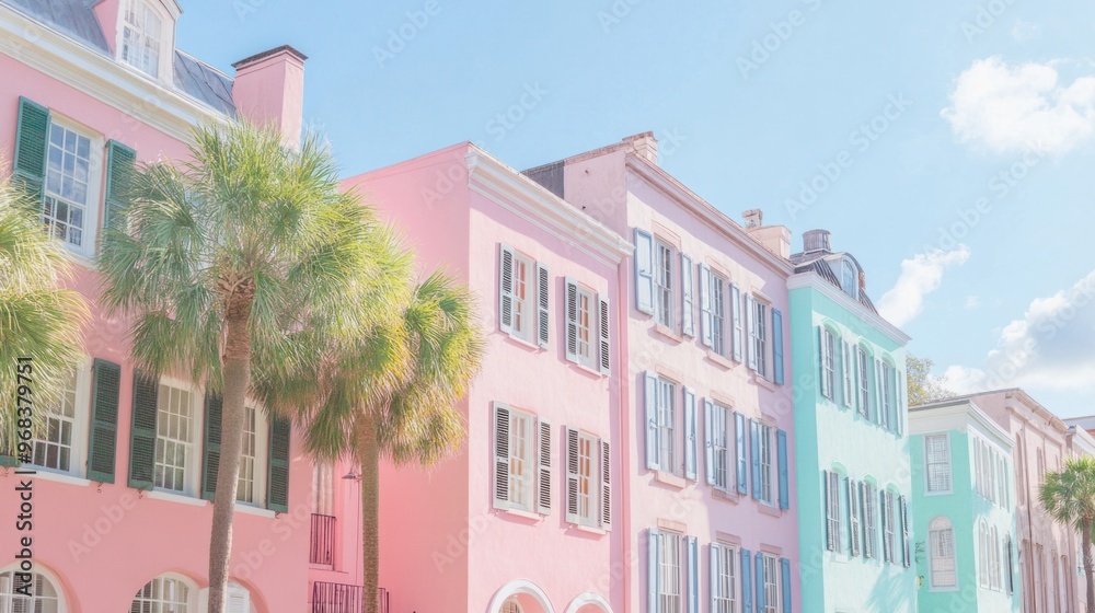 Naklejka premium Pastel-colored architecture with light pink and mint green buildings in a quaint neighborhood.