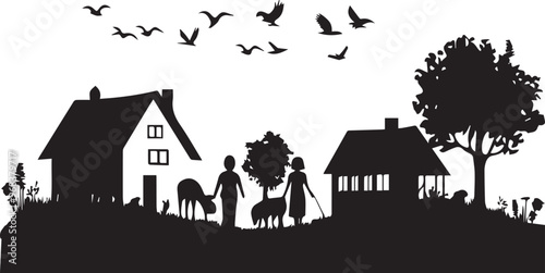 Family in the park silhouette, Silhouette of village life building icon