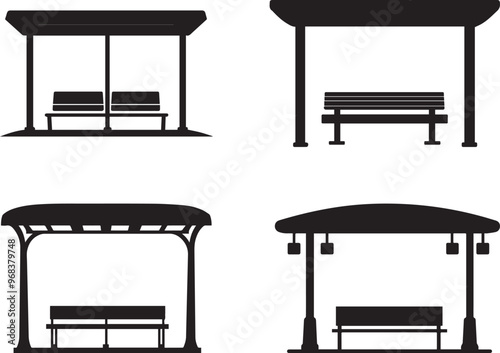 Silhouette of bus stop icon, bus waiting area vector