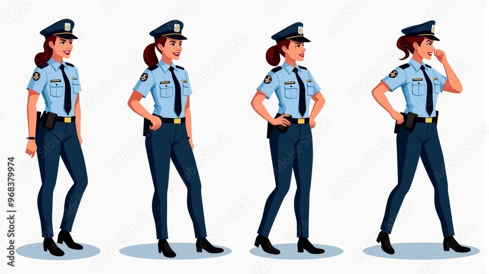 Female Police Officer Character in Various Poses Illustration - Cartoon ...