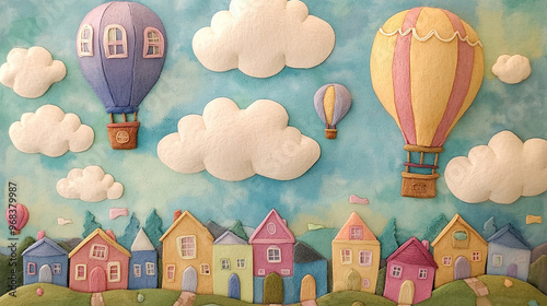 Fototapeta Naklejka Na Ścianę i Meble -  3D wall hot air balloon flying in the sky