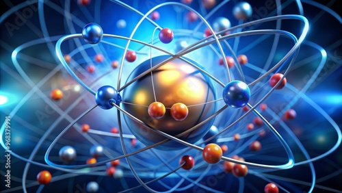 Tiny electrons revolve around a dense nucleus, responding to electromagnetic forces, forming a swirling pattern of