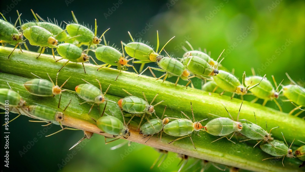 Tiny green aphids cluster on a plant stem, their mouthparts sucking up sweet sap as they thrive in Tiny green aphids cluster on a plant stem, their mouthparts sucking up sweet sap as they thrive in