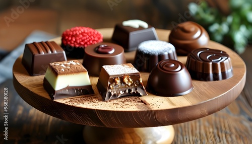 Exquisite chocolate display on a wooden stand showcasing irresistible cocoa delicacies with delightful fillings for sweet tooth enthusiasts photo