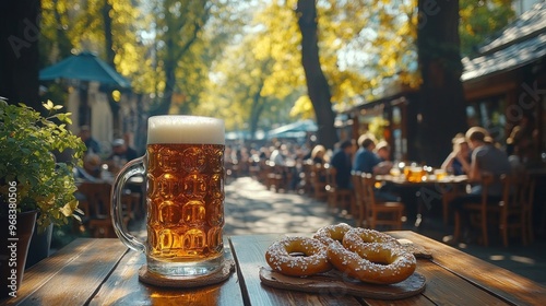 Authentic Oktoberfest Snack Platter with Pretzels and Sausages, Delicious Oktoberfest Feast Traditional Bavarian Snacks and Beer, Rustic Oktoberfest Table with Classic German Snacks and Drinks photo