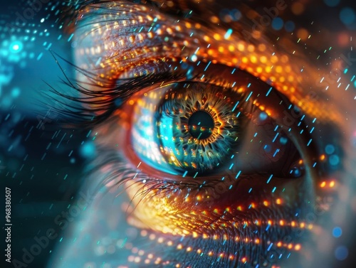 Close-up of a human eye with digital and futuristic lighting effects, symbolizing technology, innovation, and data visualization.