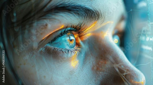 Close-up of a person's eye with digital reflections, representing technology and innovation, with a futuristic and analytical focus.