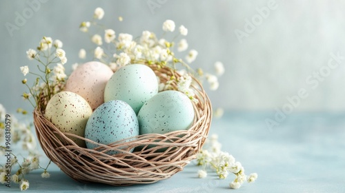 Pastel-colored Easter eggs in a decorative basket on a light, airy background.