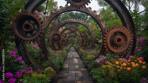 Industrial Garden Path with Gears and Flowers