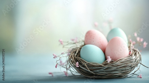 Pastel-colored Easter eggs in a decorative basket on a light, airy background.