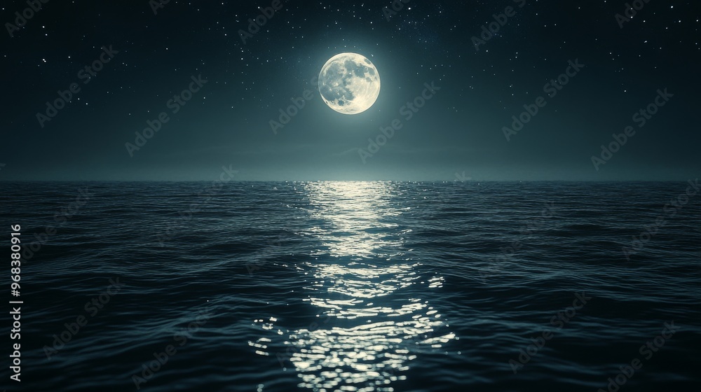 Full Moon Reflecting on a Dark, Wavy Ocean