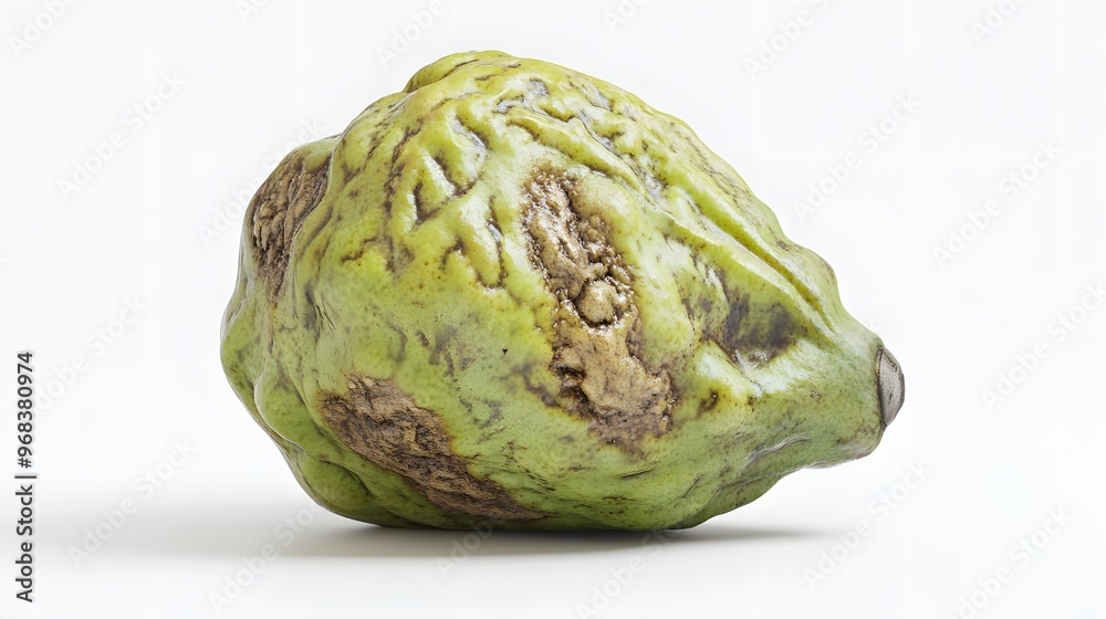30. **A 3D render of a decayed chayote, with soft spots and wrinkling, set against a clean white background 30. **A 3D render of a decayed chayote, with soft spots and wrinkling, set against a clean white background