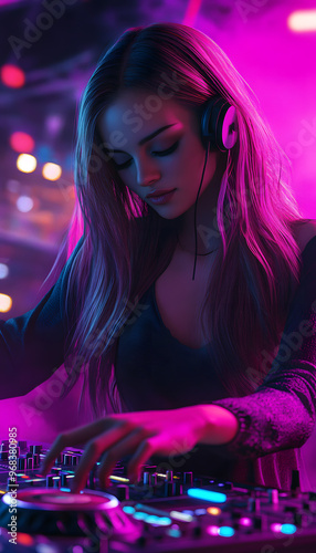 A young and beautiful female DJ performing , Photo realistic