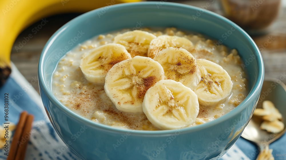 Oatmeal porridge with banana slices and cinnamon being sprinkled on top Oatmeal porridge with banana slices and cinnamon being sprinkled on top