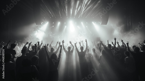 Crowds of party goers and music lovers enjoying themselves at a music festival concert. 