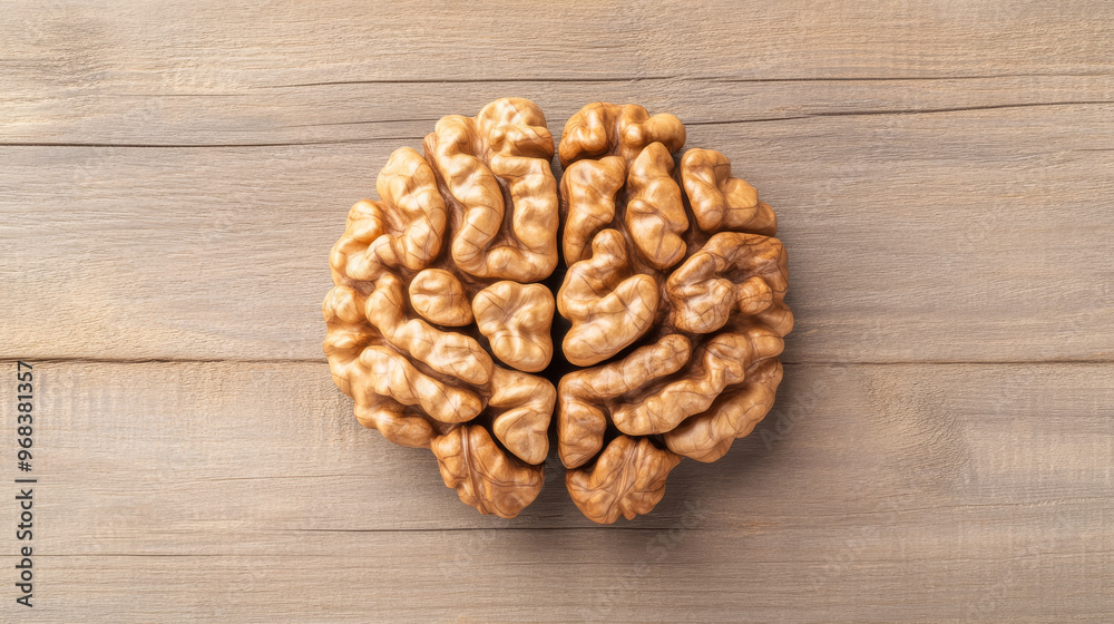 Close up of walnuts shaped like brain on rustic wooden surface, showcasing their unique texture and natural beauty. This image evokes curiosity and sense of natures artistry Close up of walnuts shaped like brain on rustic wooden surface, showcasing their unique texture and natural beauty. This image evokes curiosity and sense of natures artistry