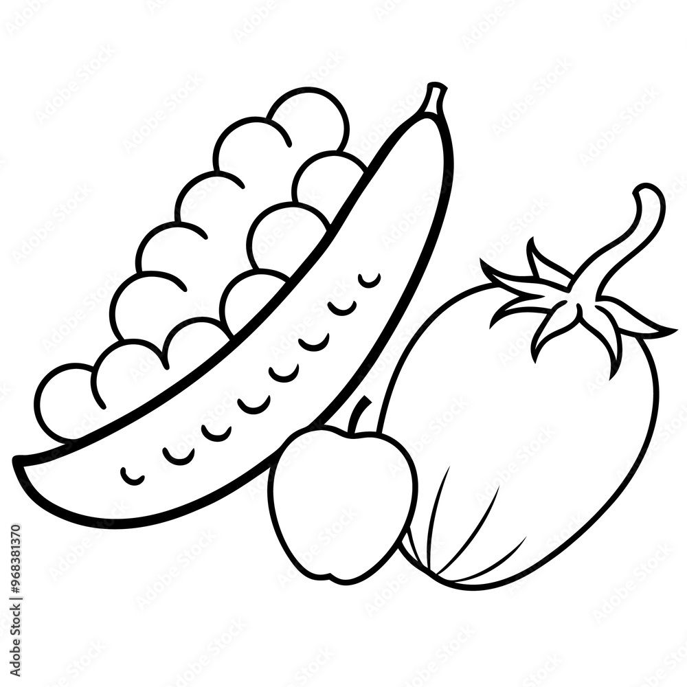 Fototapeta premium peas cucumbers eggplant vegetables outline coloring book page line art illustration digital drawing