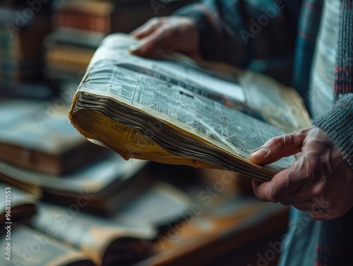 Person holding an old newspaper in a cozy library setting, surrounded by vintage books. A nostalgic look into history and literature. photo