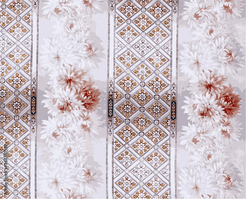 A pattern of pink and white flowers and gold geometric bands on a light gray background evoking vintage elegance.