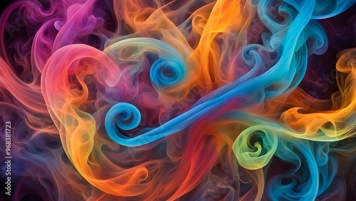 Abstract colorful smoke swirls on a black background.