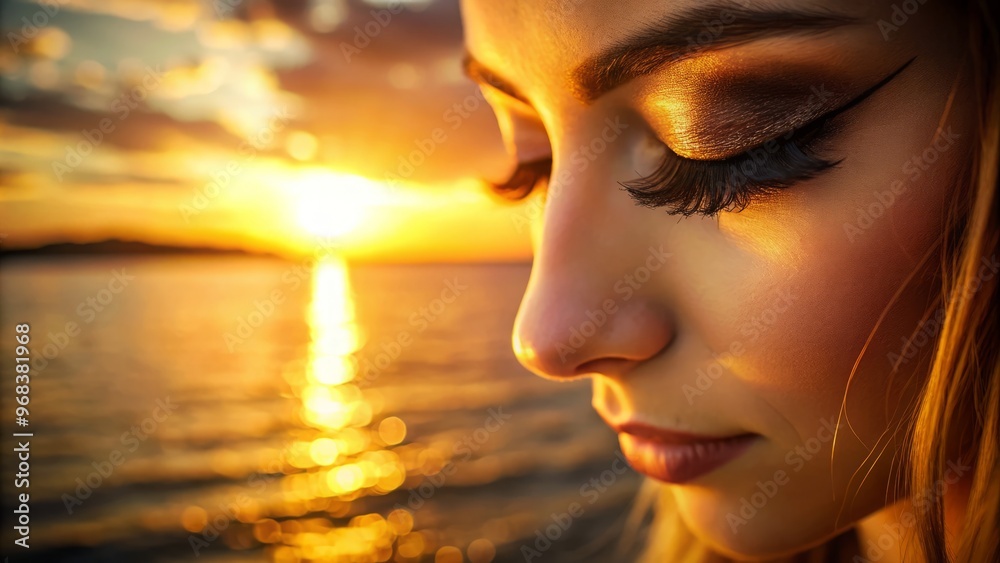 Warm, golden rays of sunlight bathe serene eyes, sheltered by long lashes, as the solar disk dips slowly Warm, golden rays of sunlight bathe serene eyes, sheltered by long lashes, as the solar disk dips slowly