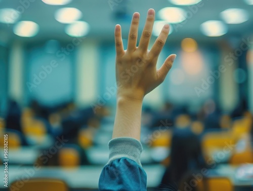 Raised hand in a classroom setting with blurred background of students, signifying participation and engagement in an educational environment.