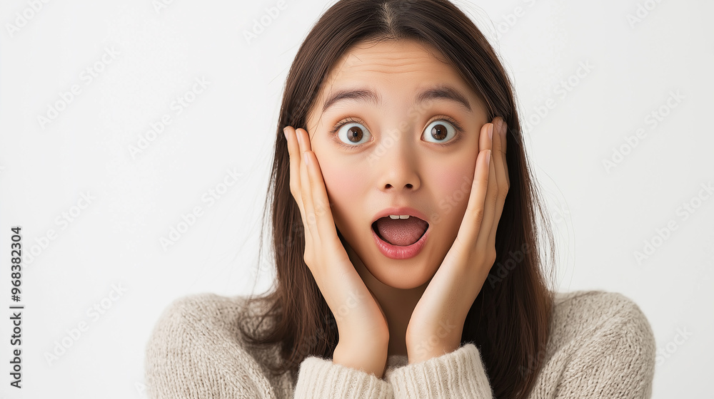 Surprised young woman holding her head with hands and gasping Surprised young woman holding her head with hands and gasping
