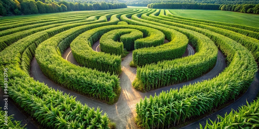 Winding paths twist through a vibrant expanse of cornstalks, forming a complex and tantalizing labyrinth that invites Winding paths twist through a vibrant expanse of cornstalks, forming a complex and tantalizing labyrinth that invites