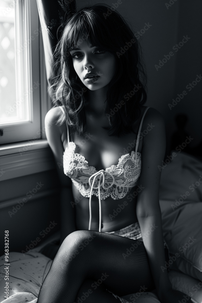 Naklejka premium Beautiful young woman sitting next to her bedroom window in her lingerie. Fine art black and white. Luxury lifestyle concept. 