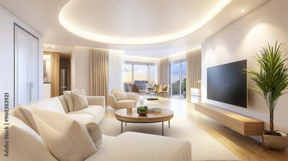 Fototapeta premium A large living room with a white couch, a coffee table, and a television