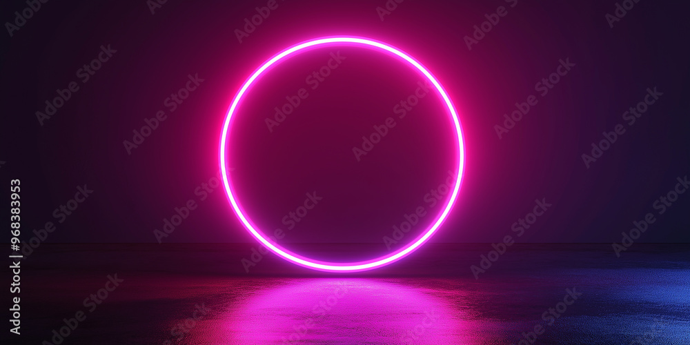 Glowing neon circle reflecting on dark empty room background