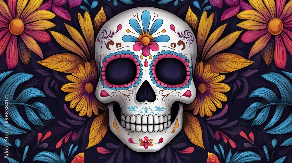 A colorful skull with flowers surrounding it A colorful skull with flowers surrounding it