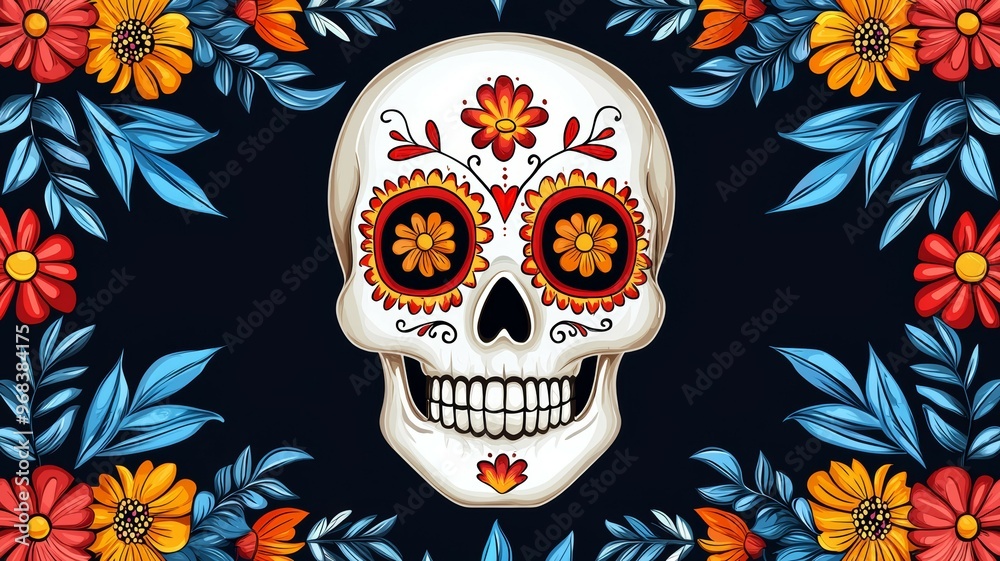 A skull with flowers surrounding it A skull with flowers surrounding it