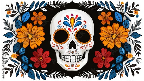 A skull with flowers and leaves surrounding it