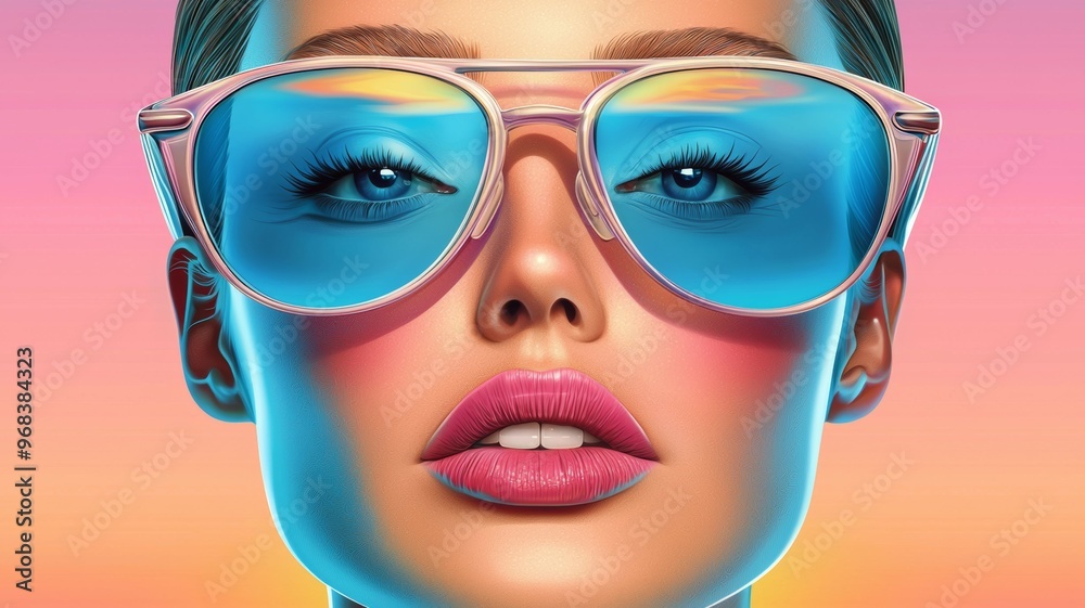 A woman with blue sunglasses on her face A woman with blue sunglasses on her face