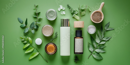 Natural cosmetic products lying on green background with green leaves