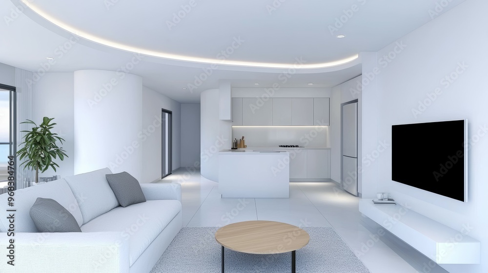 Fototapeta premium A white living room with a couch, a coffee table, and a television