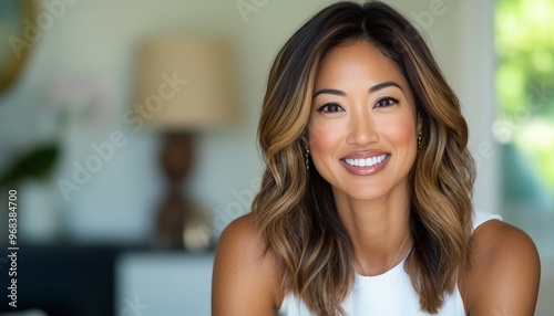 Smiling Woman in White Tank Top.