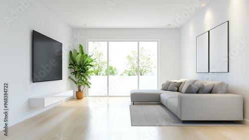 A living room with a white couch and a black television