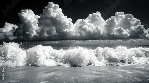 Waves crashing on the shores of a tropical empty beach. Black and white lifestyle photo. 