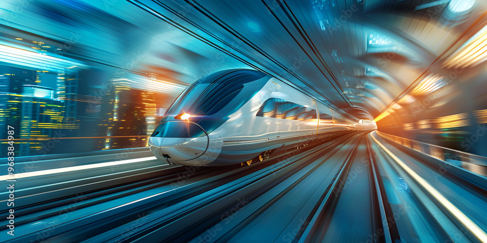 Fototapeta premium High-Speed Train in Futuristic Cityscape, Fast Modern Bullet Train Moving Through Tunnel at Night
