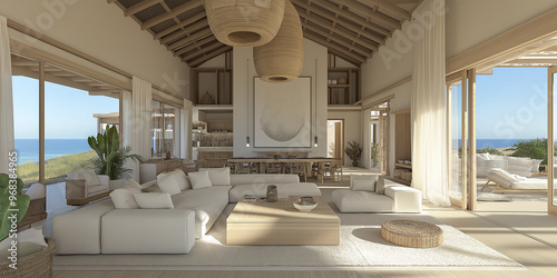 Modern open plan beach house living room opening onto terrace overlooking the ocean