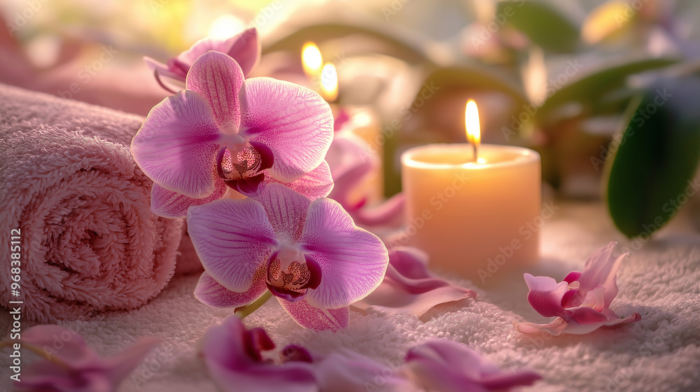Pink orchid flowers with burning candle creating relaxing atmosphere Pink orchid flowers with burning candle creating relaxing atmosphere
