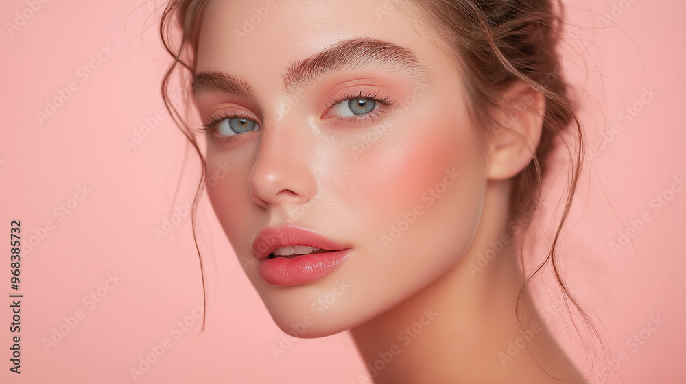 Beautiful woman posing on pink background showing perfect skin Beautiful woman posing on pink background showing perfect skin