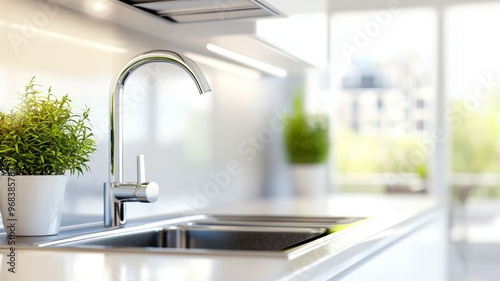 A kitchen sink with a silver faucet and a potted plant next to it