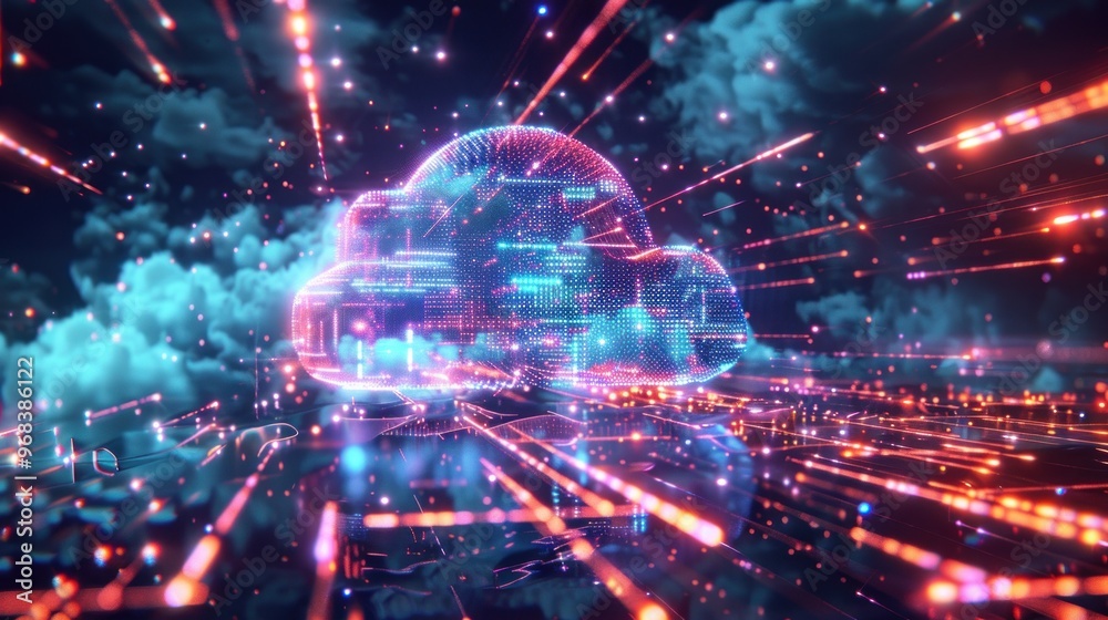 Fototapeta premium A digital cloud with vibrant data streams, representing cloud computing and data transfer.