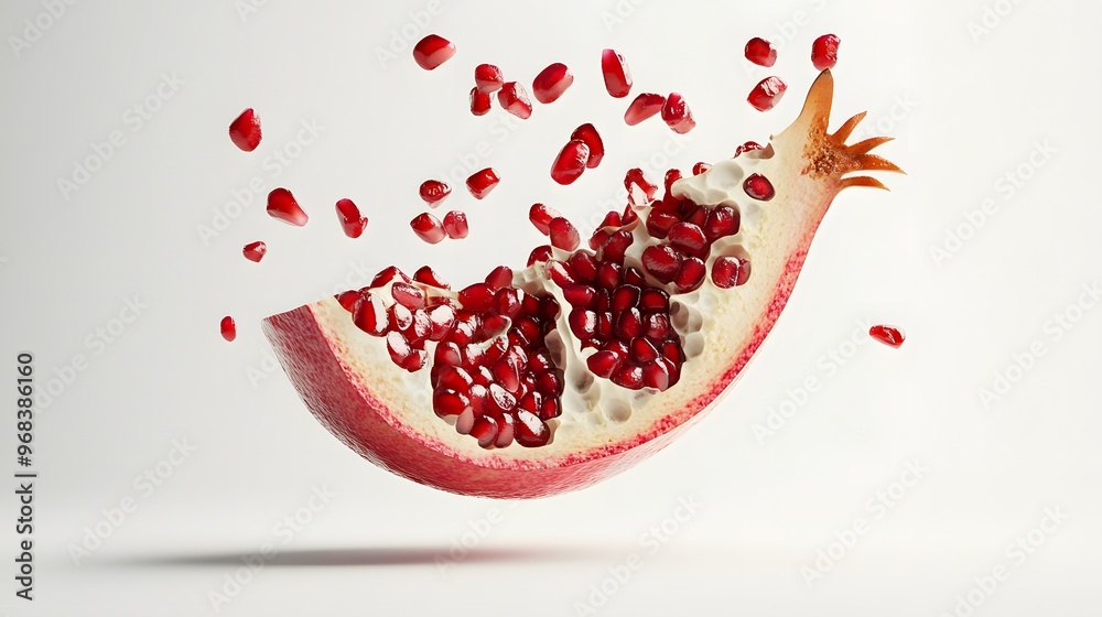 13. **A 3D render of a falling slice of pomegranate, its red seeds and juicy interior set against a pristine white background 13. **A 3D render of a falling slice of pomegranate, its red seeds and juicy interior set against a pristine white background