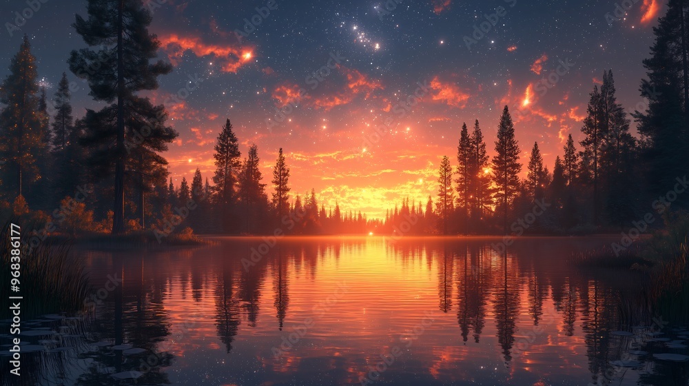 Fiery Sunset Over Lake Reflection