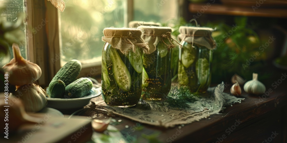 Fototapeta premium Preserved cucumbers with a touch of salt dill and garlic for winter storage