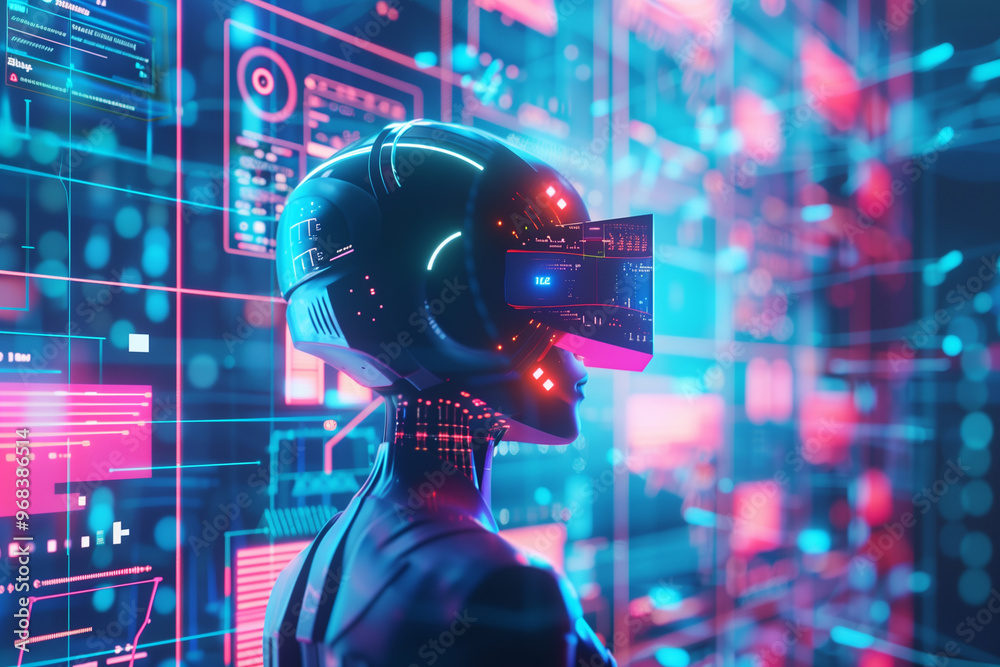 Fototapeta premium Robot AI wearing virtual reality VR goggles headset interacting with holographic control panel metaverse advanced technology innovation. Analyzing digital data in futuristic office.